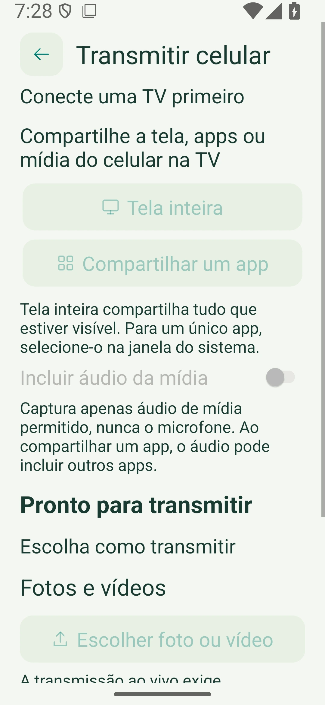 Transmissão e ajustes de áudio