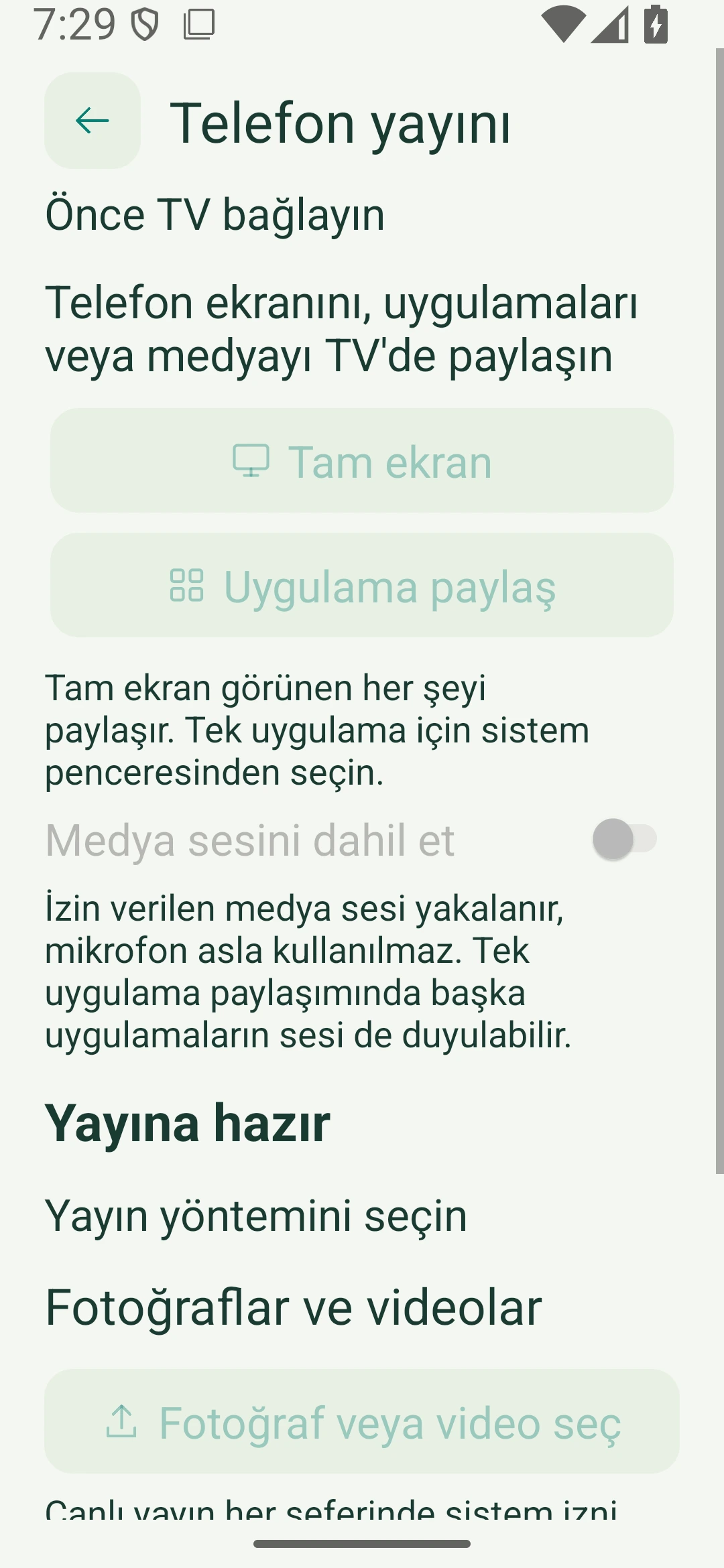 Telefon ekranı yansıtma ve ses ayarları
