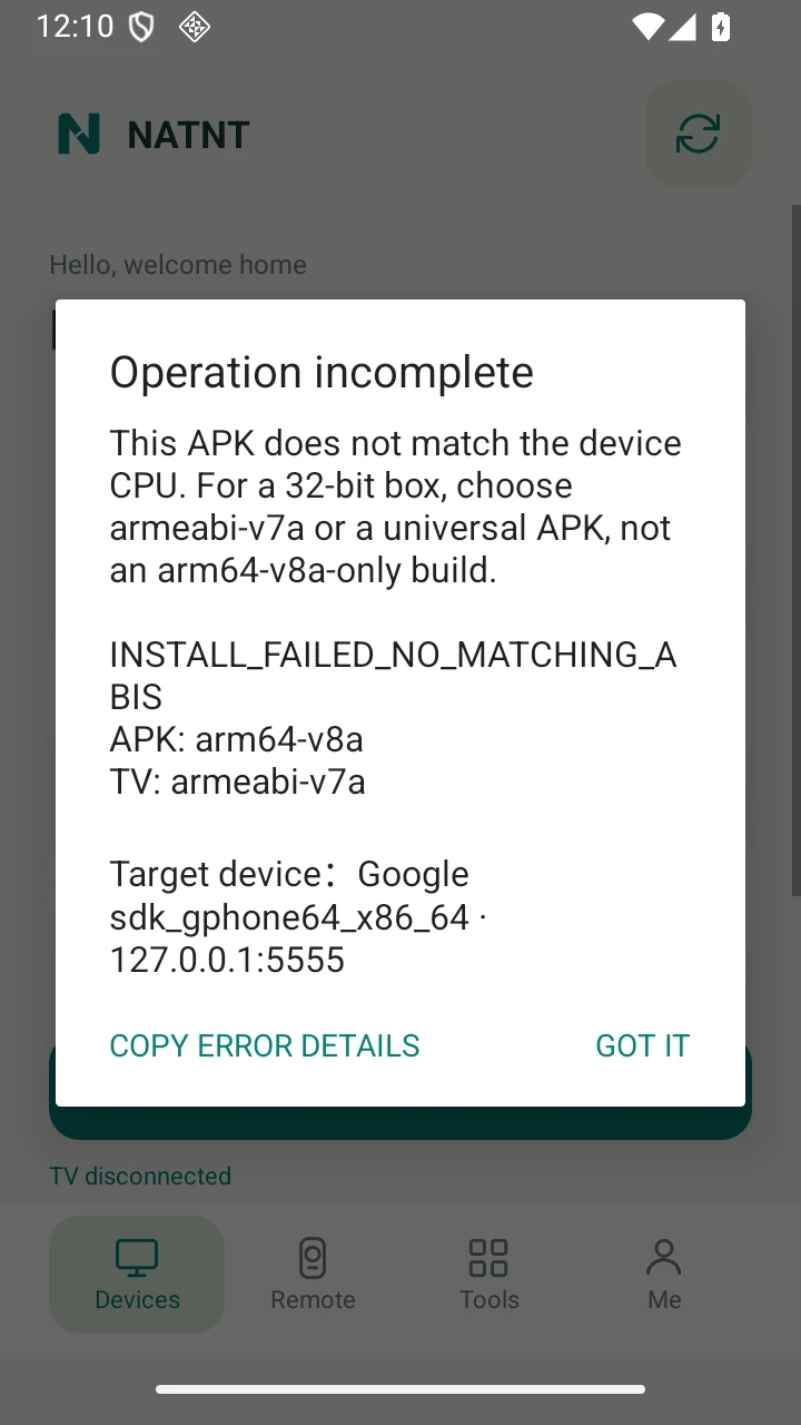 APK installation error details